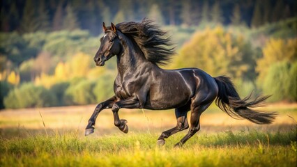 Majestic black horse running gracefully in a field , Equine, majestic, black, horse, running, graceful, field, nature, power, beauty