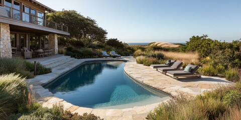 Poster - A swimming pool with lounge chairs and ocean views.