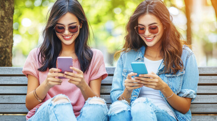 Girlfriends enjoying a sunny day outdoors with smartphones