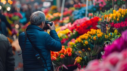 Man Taking Photo of Vibrant Flower Market