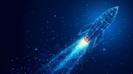 Poster - abstract rocket launch. digital spaceship flying up into outer space. business development, boosting