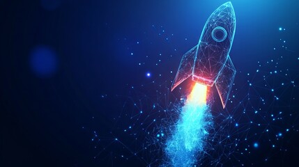 Poster - Abstract Rocket Launch. Digital Spaceship Flying Up Into Outer Space. Business Development, Boosting Concept. Low Poly Wireframe Vector Illustration on Technological Blue Background. Polygonal banner.