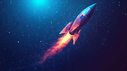 Poster - abstract rocket launch. digital spaceship flying up into outer space. business development, boosting