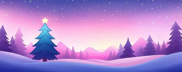 Snowy landscape with a single decorated Christmas tree under a starry sky.