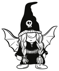 Cartoon woman gnomes with Halloween hat and costume.Black and white line art of gnomes. Monochrome gnome illustrations for Halloween. Png file