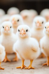 Closeup of adorable fluffy yellow chicks standing in a row.