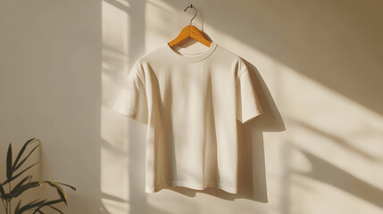 Custom t-shirt mockup on wooden hanger, neutral background, fabric detail emphasis, front perspective