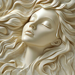 3d bas-relief of a girl close-up in vanilla and beige tones. decor of exhibition and presentation in