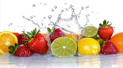 Fruit and water splashing together, white background