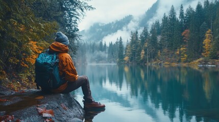 Poster - Man Contemplating Nature by the Lake