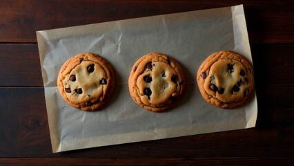 Wall Mural - A top-down view of three tasty freshly baked chocolate chip cookies laying on a piece of parchment paper on a dark wooden table surface. Beautiful flat lay homemade sweet pastry dessert food photo.