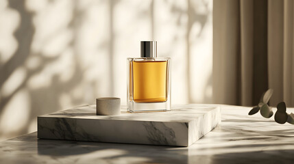 Premium cologne bottle mockup on marble slab, soft diffused lighting, elegant setting, front perspective