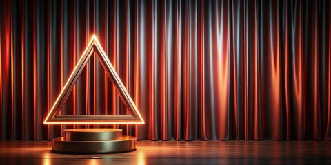 Bronze trophy with neon triangle and stage curtain background, futuristic, neon, trophy, bronze, glowing