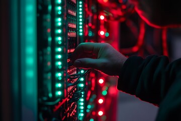 Poster - Hand Reaching for a Server Rack with Green and Red Lights