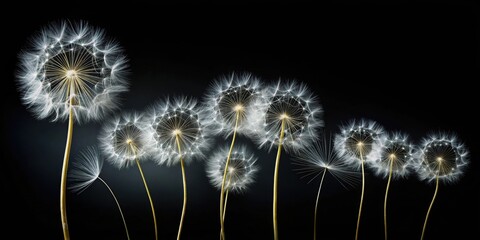 Abstract dandelion seeds in motion, isolated on black background, dandelion, seeds, wind, reproduction, struggle, abstract