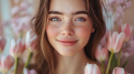 Poster - A young woman with freckles and blue eyes smiling softly among pink tulips. The background is filled with soft pink flowers, creating a serene and cheerful atmosphere.