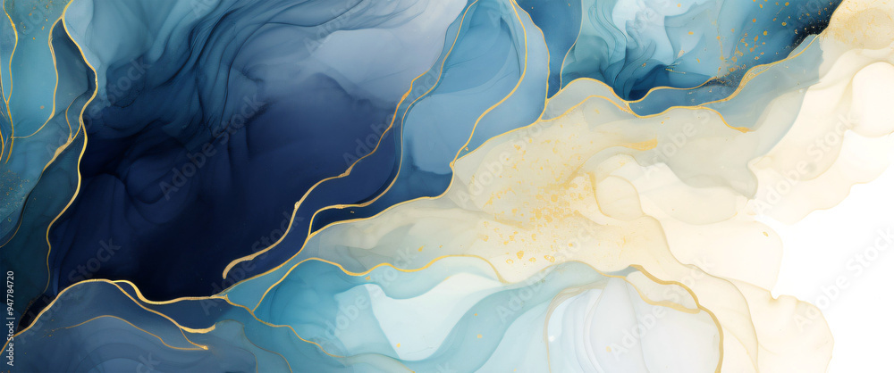 Fluid blue and gold abstract art with swirling shapes and metallic ...
