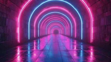 Wall Mural - 3d animation abstract pink blue neon lines ascending from center to the sides digital ultraviolet background