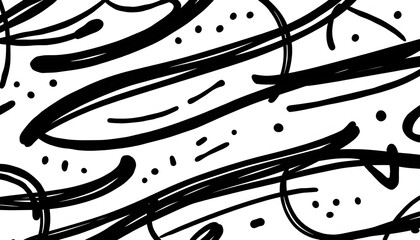 Hand drawn fun playful trendy childish squiggly doodle drawing line art pattern. Seamless abstract chaotic ink pen or marker scribble texture backdrop. Bold black lines isolated on white background 