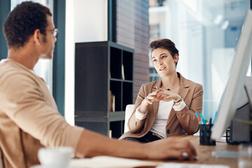 Aufkleber - Business people, computer and meeting for teamwork, planning and project briefing with manager. Graphic designer, technology and design in office for digital agency, website and career collaboration