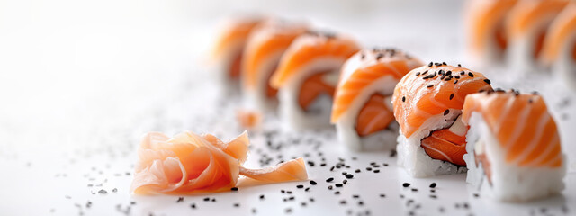 Delicate Salmon Sushi Rolls with Sesame Seeds, Showcasing Fresh and Delicious Japanese Cuisine on a White Plate, Perfect for Gourmet Dining