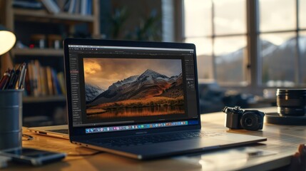 Digital Mastery Transforming Nature's Beauty Landscape Photographer Editing Breathtaking Scenery on Laptop with Editing Software