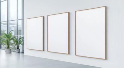 Wall Mural - Three mock up empty frames for advertisement are mounted on a white wall within a contemporary gallery