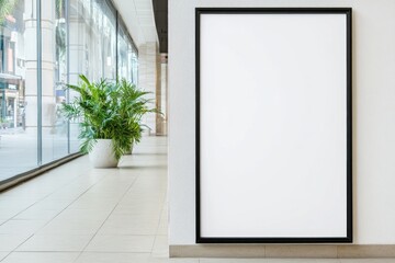 Wall Mural - A large, empty black-framed poster for advertisement is prominently placed in a well-lit indoor setting, creating a modern, minimalistic atmosphere.