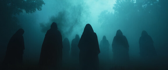 Spooky Halloween hooded people with spooky hazy background