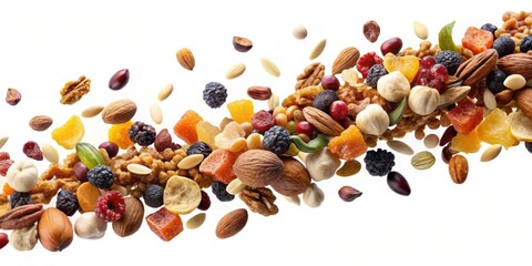 Stream of mixed nuts and dried fruits falling in mid-air, promoting healthy snack options, mixed nuts, dried fruits, healthy