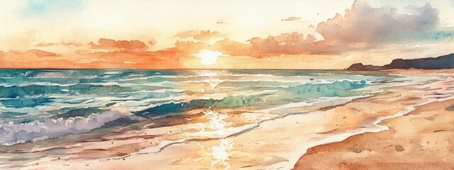 Wall Mural - watercolor illustration of an evening over a tranquil sea and glistening sand