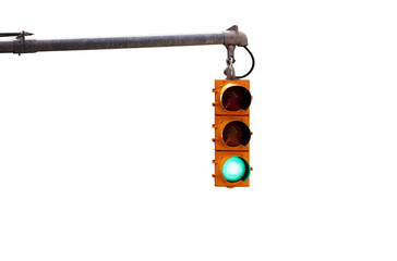 Green traffic light hanging isolated on white transparent, go sign 