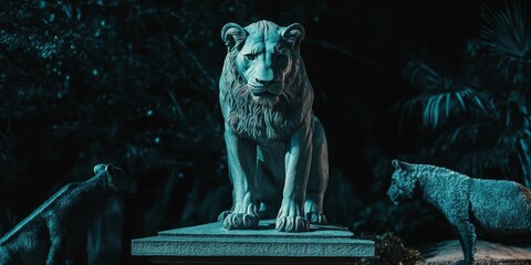 Stone lion statue in a dark forest.