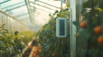 Poster - photograph of a modern sleek smart greenhouse with iot sensors for precise monitoring of humidity an