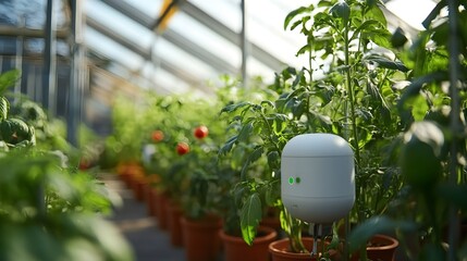 Poster - photograph of a modern smart greenhouse equipped with iot sensors that monitor and control temperatu