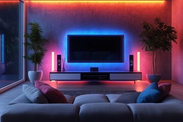 Modern living room and TV set at night with neon lights