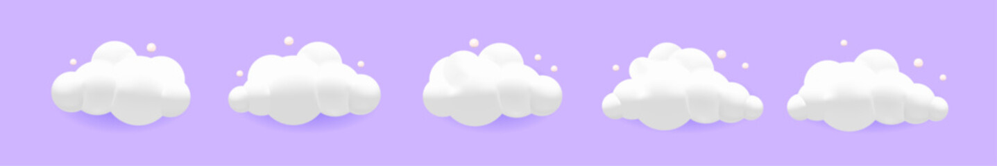 Wall Mural - 3d cartoon white cloud shapes on a soft purple background. fluffy cartoon cloud icons and soft round