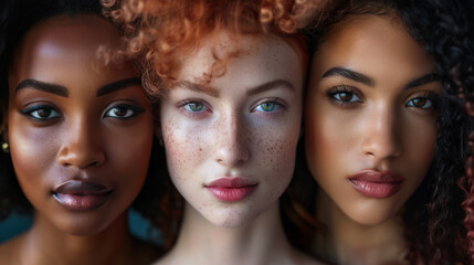 Wall Mural - Three women with different hair colors and makeup styles are shown in a row. The first woman has dark hair and a bold makeup look, while the second woman has light brown hair.