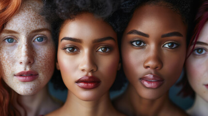 Three women with different hair colors and makeup styles are shown in a row. The first woman has dark hair and a bold makeup look, while the second woman has light brown hair.