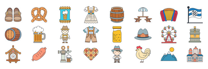 Oktoberfest icons set, Included icons as Accordion, Beer Barrel, Brewery, Dirndl Dress and more symbols collection, logo isolated vector illustration