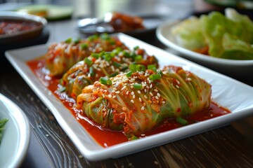 Deliciously plated cabbage rolls served in spicy sauce with sesame seeds and green onions at a cozy dining table