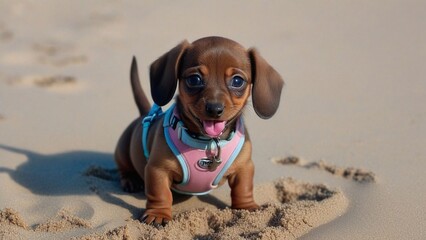 Wall Mural - a small dachshund dog in a pink and blue shirt walks along the beach.