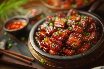 Deliciously prepared pork belly in savory sauce served with fresh green onions and chili sauce at a cozy restaurant