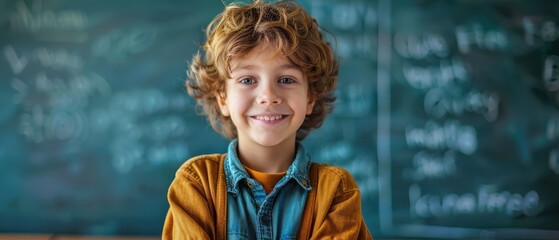 Smiling young schoolboy with curly hair in a classroom, standing in front of a chalkboard. Free copy space for text.