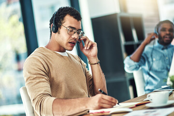Aufkleber - Telemarketing, business people and men with call center, help desk and customer service in office. Coworkers, insurance agency and employees for crm, tech support and advice for policy and headset
