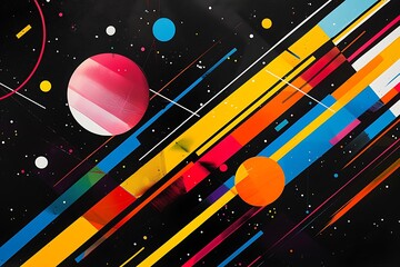 Wall Mural - minimalist abstract art featuring sharp diagonal lines and circles in bright colors, creating a sens