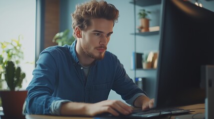 Poster - A young man focused on his computer work in a modern office filled with plants during the daytime