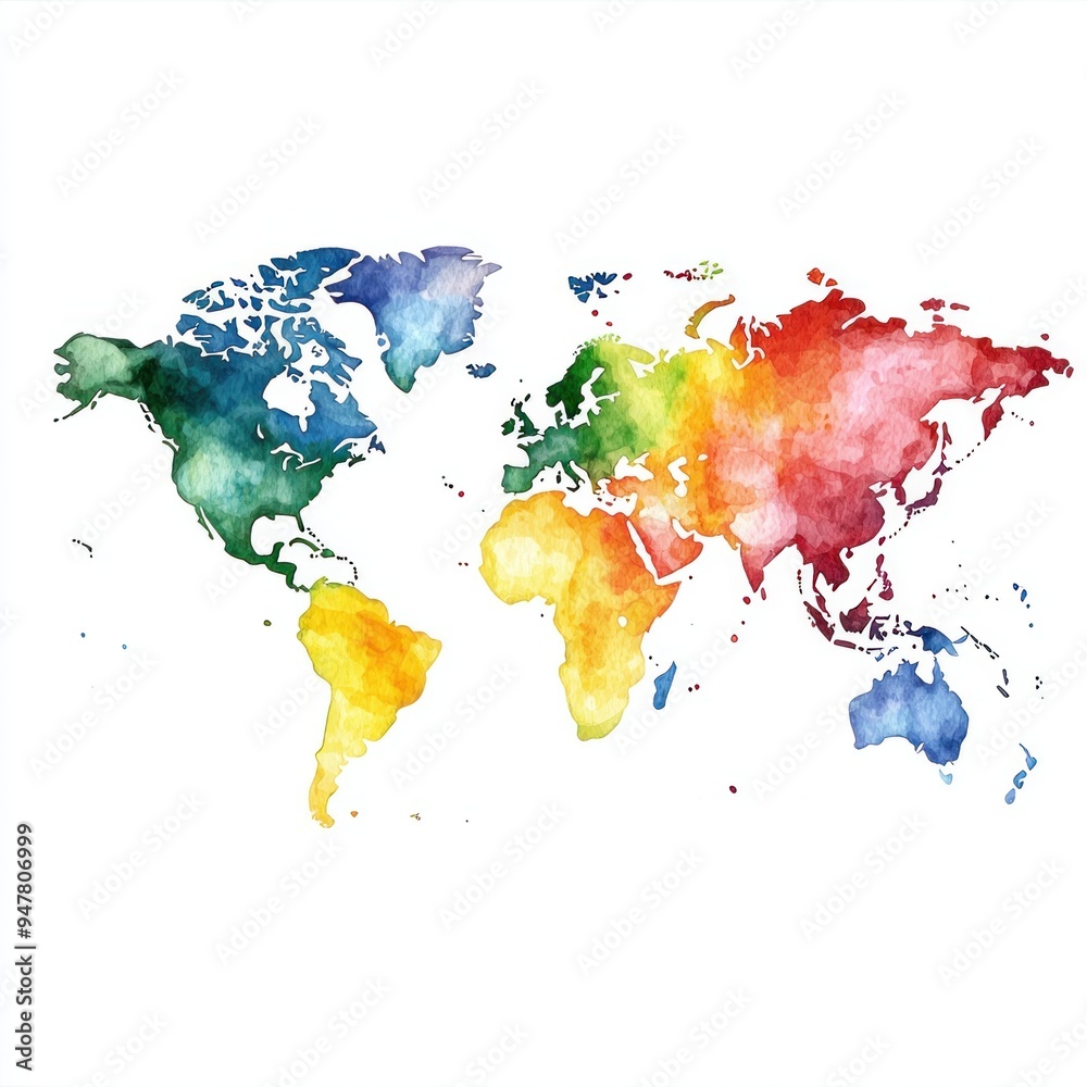A detailed watercolor illustration of a world map with vibrant colors ...