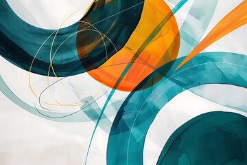 Minimalist abstract art with intersecting bold lines and circles, vibrant teal and orange colors, creating a sense of motion on a clean, white background.