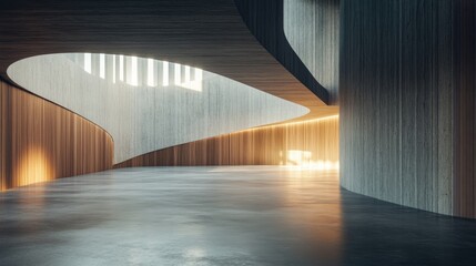 Poster - Empty dark abstract interior featuring smooth concrete and wood elements 3D rendering and illustration of architectural design